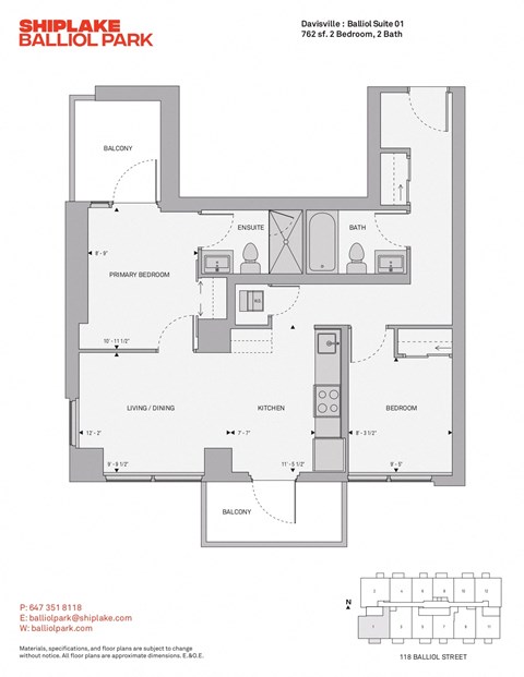 Floor plan for 2 beds, 2 baths, 762 sqft